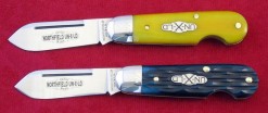 #252109EO Easy Open Single Blade Jack, 1095 carbon steel, spear blade, Smooth Banana Peel and Basket Weave River Blue Jigged. Released 2-24-09. 