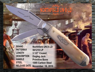 #561210LP Northfield UN-X-LD Dogleg Jack, Primitive Bone, 3 1/2" closed length. 1095 carbon steel, long pull.