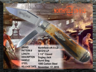 #561210 LP Northfield UN-X-LD Dogleg Jack, Burnt Stag, 1095 carbon steel, 3 1/2" closed length, long pull.