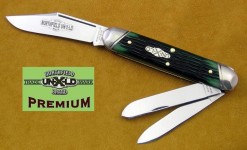 #541308W 3 Back Spring Whittler, Tractor Green, slanted line bolsters with dimples, 4 1/8" closed length. 