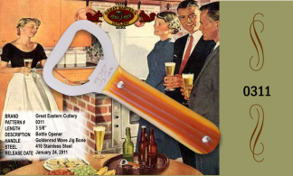 #0311 Great Eastern Cutlery Bottle Opener, Goldenrod Wave Jig, 3 5/8" long, 410 Stainless, 3 5/8" long.