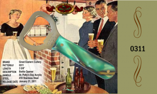 #0311 Great Eastern Cutlery Bottle Opener, St. Patty's Day Acrylic, 3 5/8" long, 410 Stainless, 3 5/8" long.