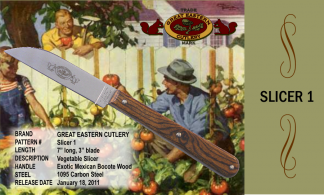 Slicer 1 Great Eastern Cutlery Vegetable Slicer, Exotic Mexican Bocote Wood, 1095 carbon steel. 7" long, blade 3".