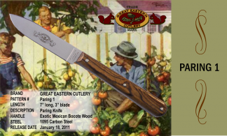 Paring 1 Great Eastern Cutlery Paring Knife, Exotic Mexican Bocote Wood, 7" long, 3' blade. 1095 carbon steel.