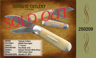#250209 Tidioute Cutlery Two Blade Jack, Antique Smooth White Bone, 1095 carbon steel, 3" closed length. New-Aged.