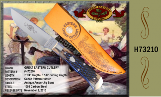 H73210 Great Eastern Cutlery Canoe Pattern Hunter, Antique Amber Jig Bone, 1095 carbon steel, 3 1/8" cutting length, 7 1/4" total length.  GEC leather sheath included.