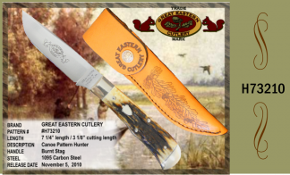 H73210 Great Eastern Cutlery Canoe Pattern Hunter, Burnt Stag, 1095 carbon steel, 3 1/8" cutting length, 7 1/4" total length, GEC leather sheath included.