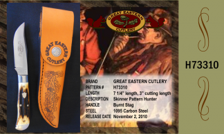 H733310 Great Eastern Cutlery, Skinner Pattern Hunter, Burnt Stag, 1095 carbon steel, 3" cutting length, 7 1/4" total length. GEC leather sheath included.