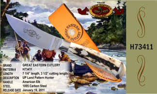 #H73311 UP Land Pattern Hunter, American Elk, Length 7 1/4", 3 1/2" cutting Length, 1095 carbon steel. GEC leather sheath included.