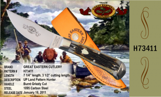 H73411 Great Eastern Cutlery UP Land Pattern Hunter, Burnt Grizzly Cut, Length: 7 1/4", cutting length 3 1/2", 1095 Carbon Steel. GEC leather sheath included