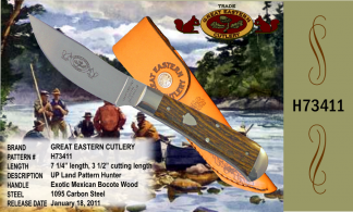 H73411 Great Eastern Cutlery, UP Land Pattern Hunter, Exotic Mexican Bocote Wood, Length 7 1/4", 3 1/2" cutting length, 1095 carbon steel. GEC leather sheath included.
