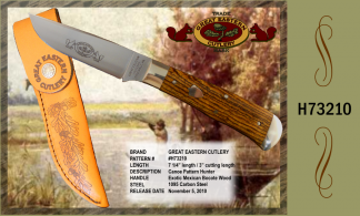 H73210 Great Eastern Cutlery, Canoe Pattern Hunter, Exotic Mexican Bocote Wood, 1095 carbon steel, 3" cutting length, 7 1/4" total length. GEC leather sheath included.