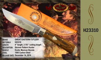 H23310 Great Eastern Cutlery, Skinner Pattern Hunter, Length 8 1/2", cutting length 3 5/8", 1095 carbon steel. GEC leather sheath included.